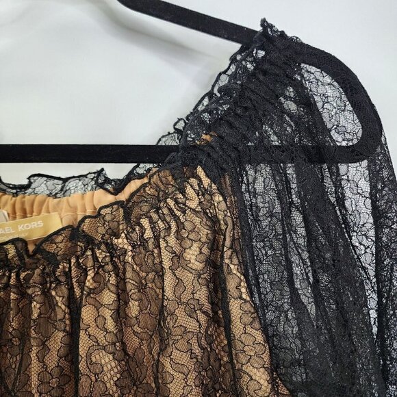 $1295 MICHAEL KORS Made in Italy Black Lace Nude Off the Shoulder Shirt Top 6 - Picture 5 of 16